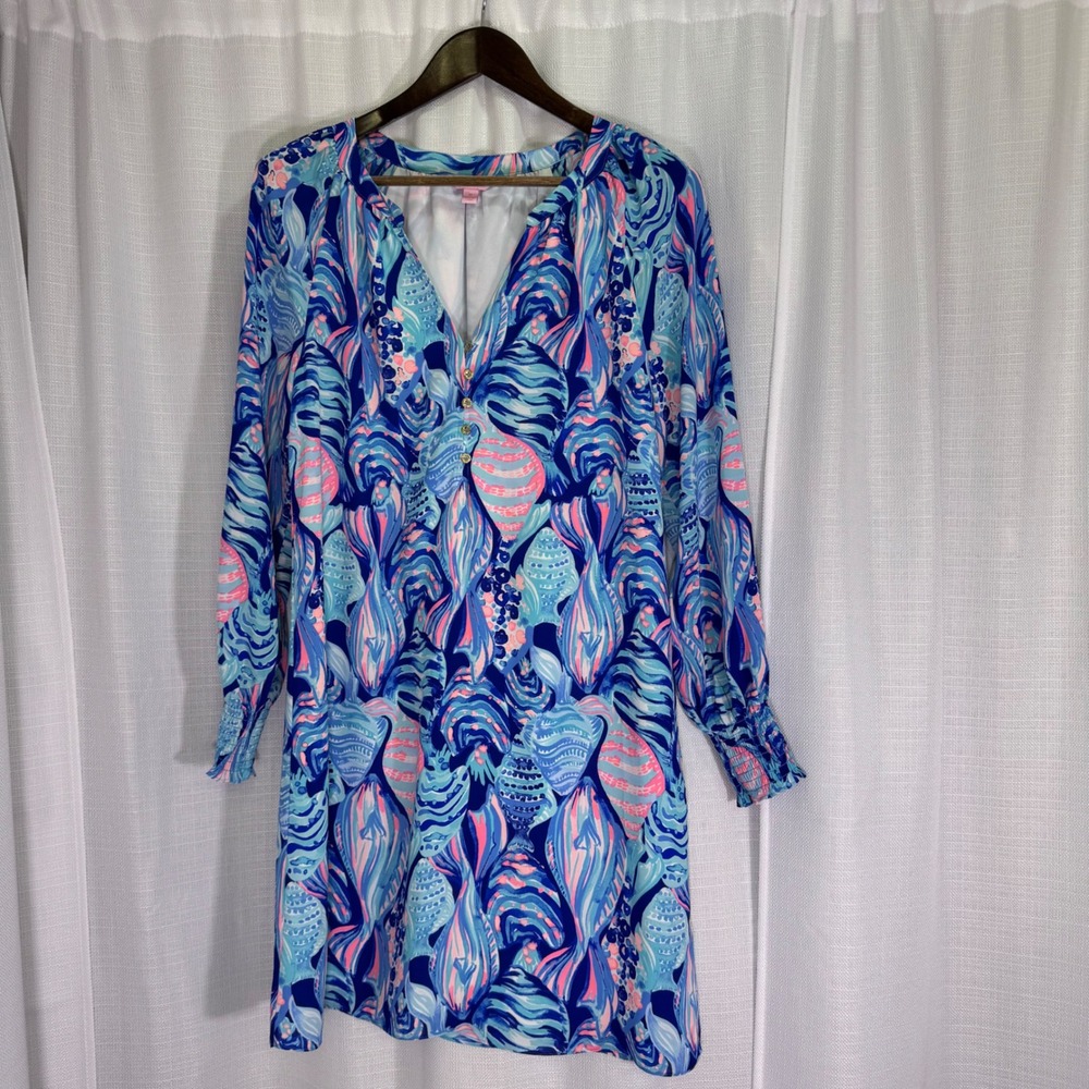 NWOT Lilly Pulitzer Brynle Dress Medium Blue Pink Long Sleeve Shift Resortwear - Picture 10 of 16